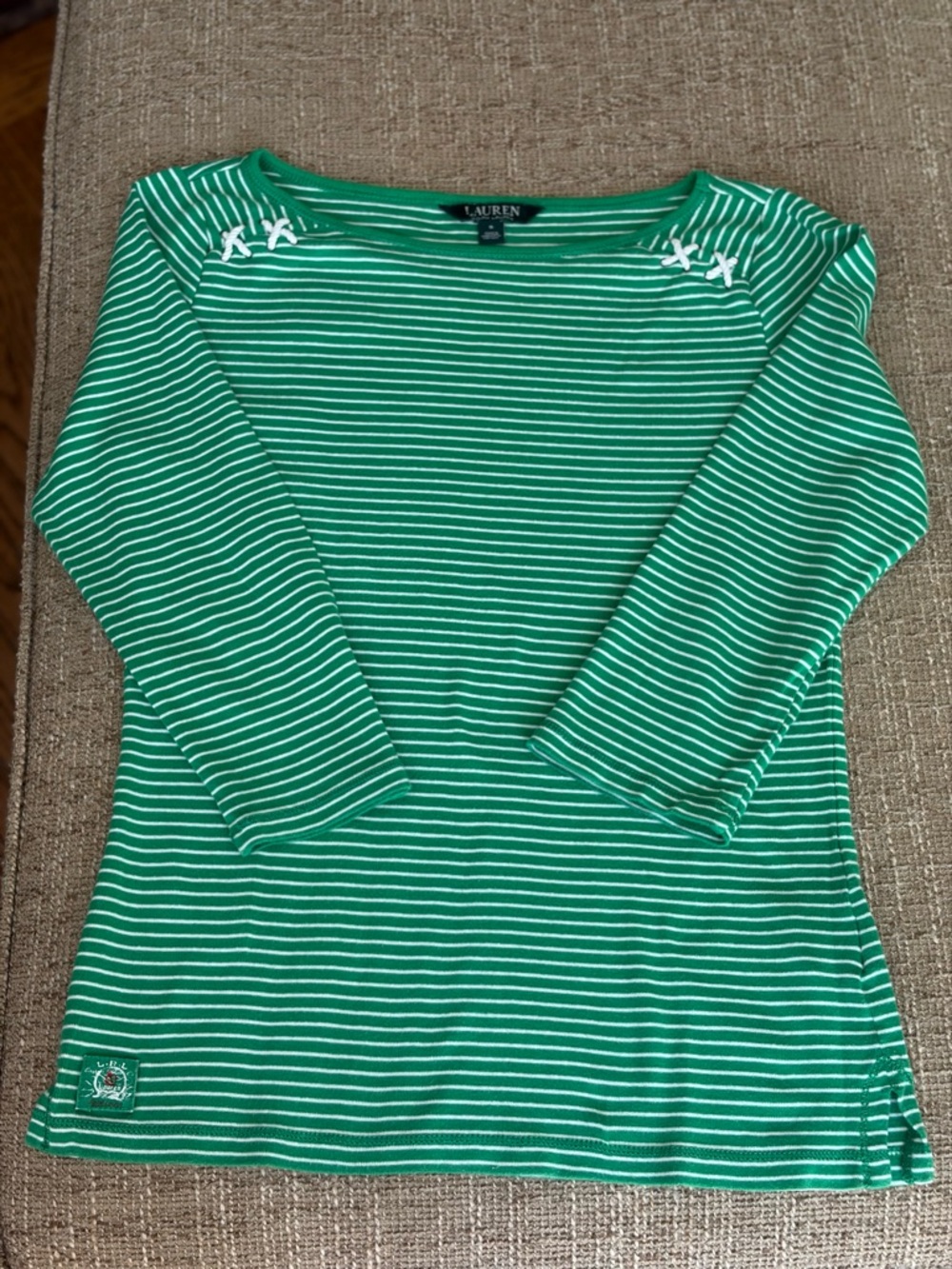 Ralph Lauren Green and White Striped Boatneck Long Sleeve Top